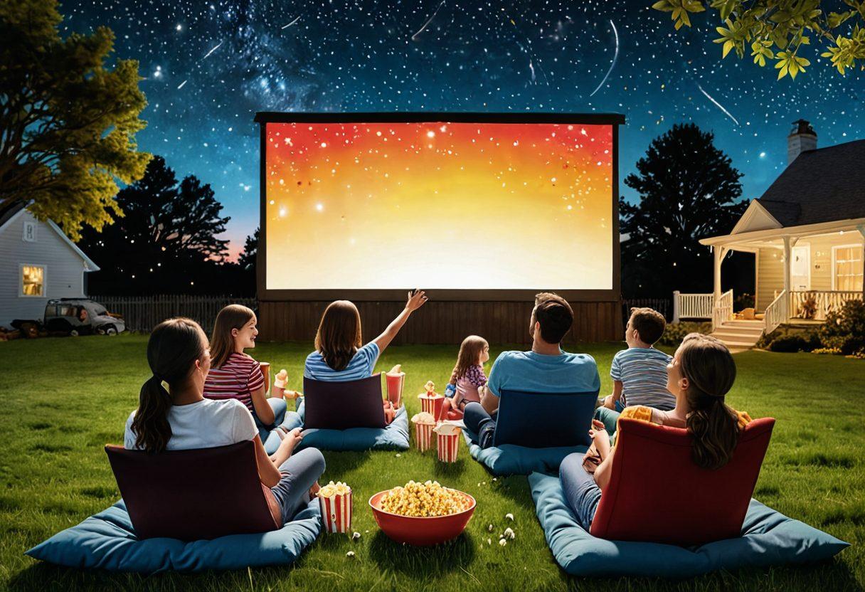 A vibrant collage showcasing happy families enjoying outdoor movie screenings, with diverse insurance policy documents playfully floating around them. Include elements like popcorn, movie screens under the stars, and symbols of different types of insurance (health, car, home) in a festive atmosphere. Use bright colors and a warm, inviting style to highlight the joy of life and leisure. super-realistic. vibrant colors. 3D.