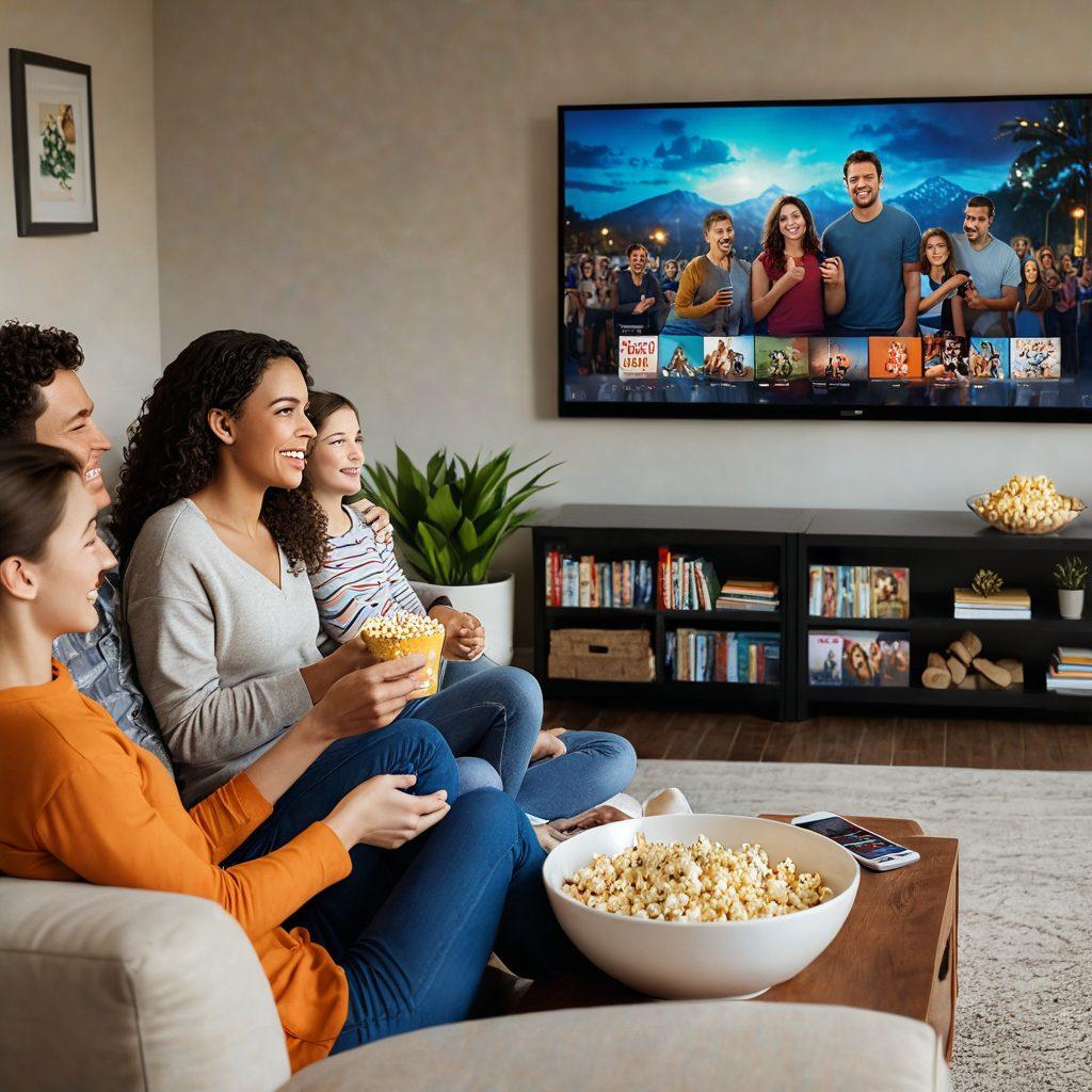 A cozy living room scene featuring a family enjoying a movie night with popcorn and blankets, while a large TV screen shows a streaming service interface filled with colorful film thumbnails. In the foreground, a friendly insurance agent discusses affordable options with the family, holding a clipboard and smiling. Bright, inviting colors to capture a warm atmosphere. super-realistic. vibrant colors. 3D.