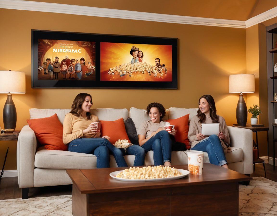 A cozy living room featuring a family enjoying a movie night, with popcorn and drinks on a coffee table. In the background, a poster showcasing various affordable insurance options with friendly characters representing different services. The room is warmly lit, emphasizing a sense of comfort and security, while a film reel decorates the wall. Super-realistic. Warm colors. Cozy atmosphere.